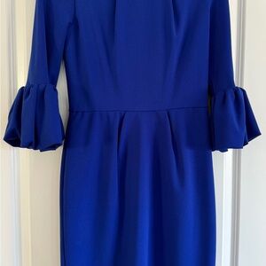 Betsy & Adam Blue Sheath Dress with 3/4 Bell Sleeves and Pleated Ruffles